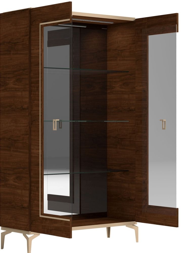 Product photograph of Modern Eva Walnut Italian 2 Glass Door Vitrine With Gold Trim from Choice Furniture Superstore.